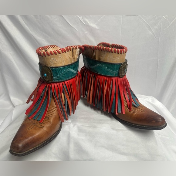 Fringed Leather Ankle Boots - Brown and Red - Picture 2 of 8